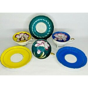 Kasuga Ware Handcrafted Tea Cup & Saucers Set of 3 Floral Design 3 Footed Cups